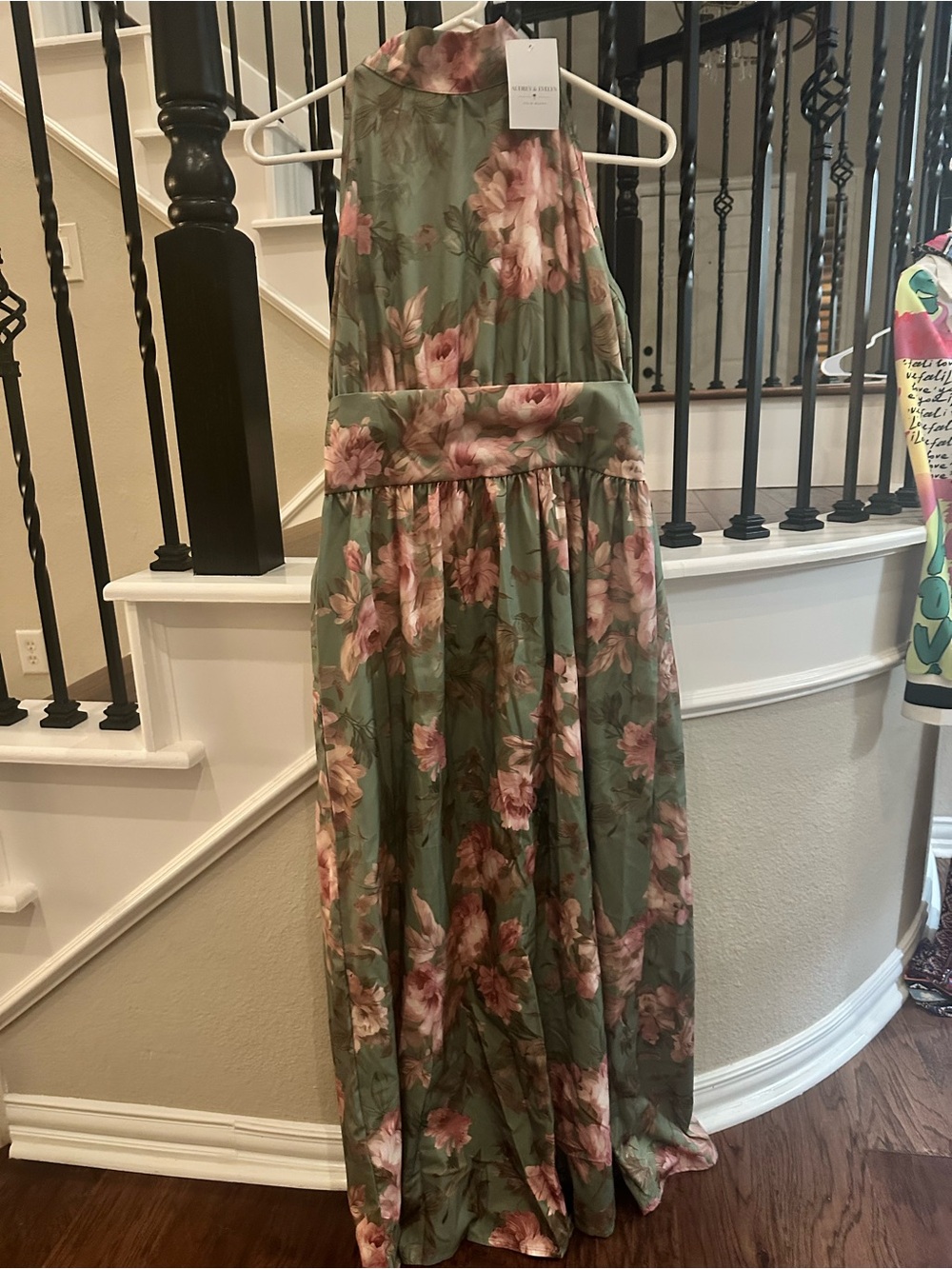 Green Floral Halter Maxi Dress with Pink Blooms